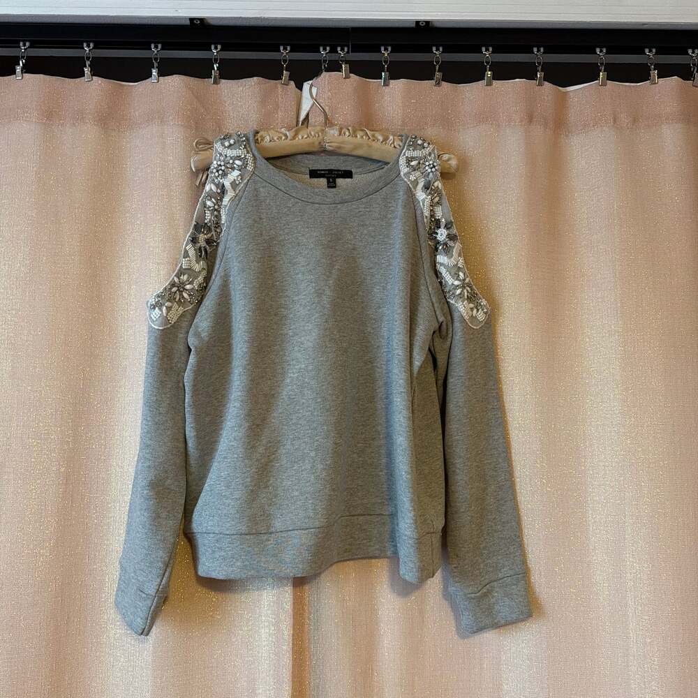 Romeo & Juliet Couture Grey Cold Shoulder Beaded Embellished Sweatshirt